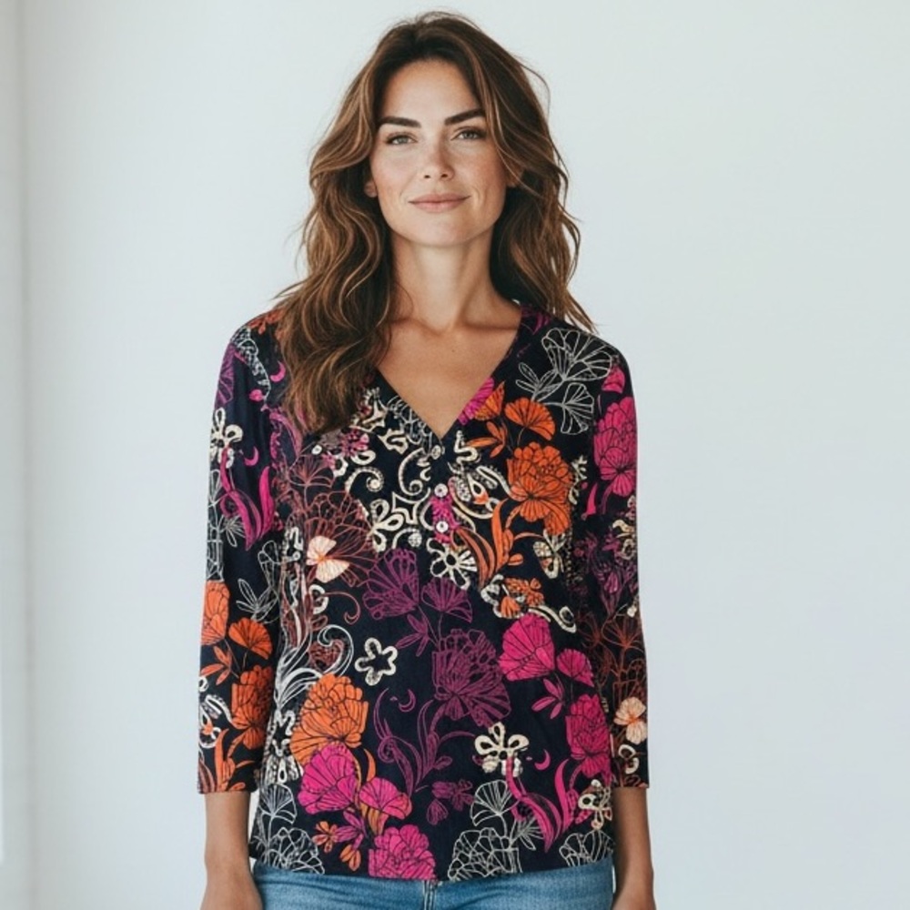 Chico's Blue Floral V-Neck Top with Pink & Orange Blooms